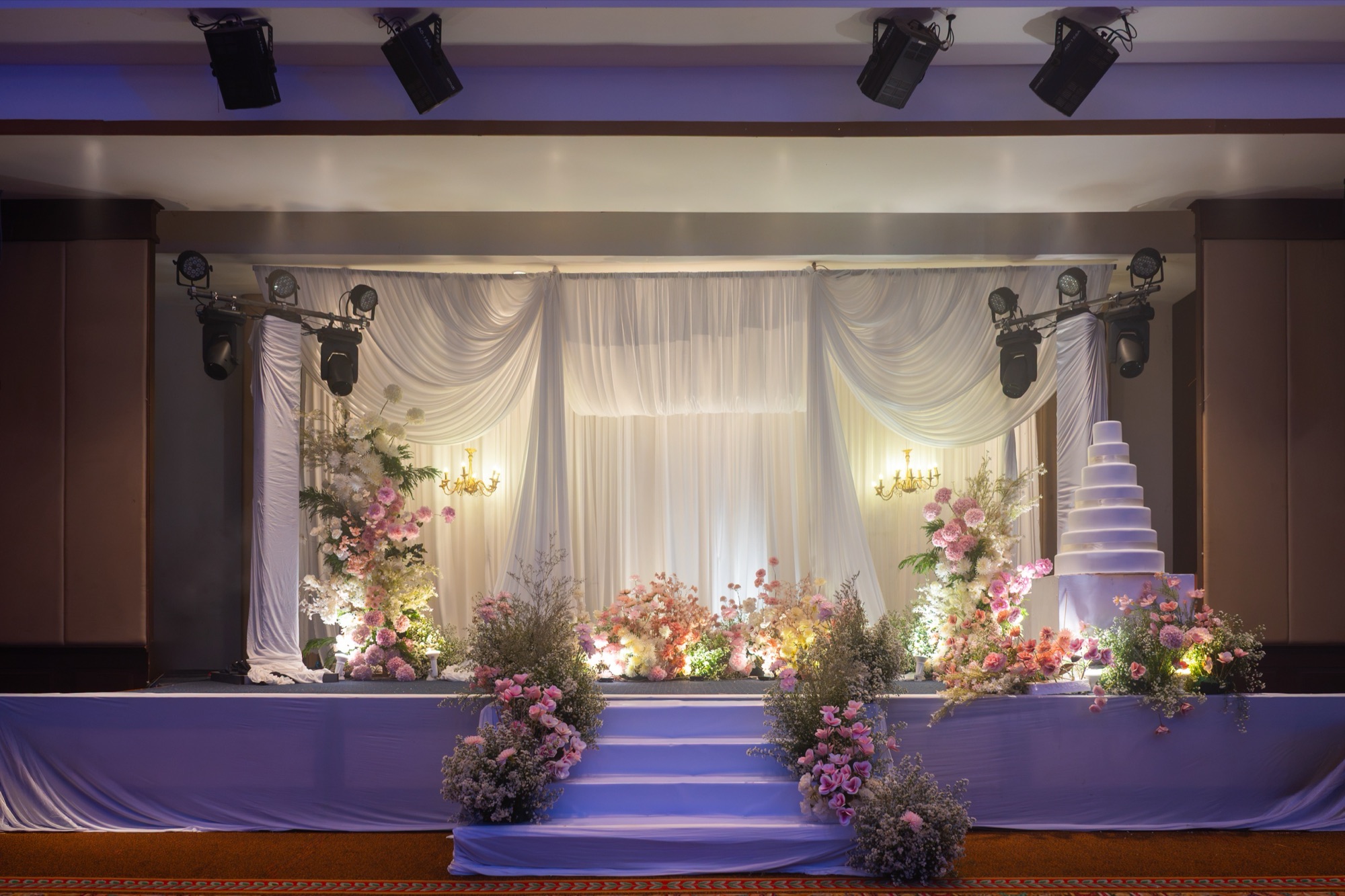 Grand Ballroom stage with balanced lighting for weddings and banquets at Sri U-Thong Grand Hotel